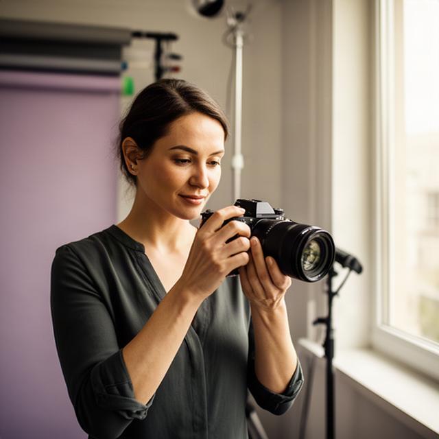 Fotógrafa principal del estudio junto a una ventana, ajustando una cámara profesional